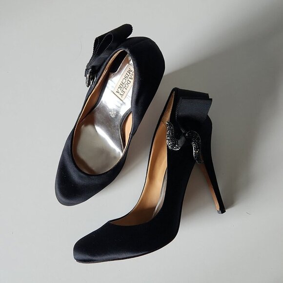 BADGLEY MISCHKA | Satin heels embellished bow crystals black sz 8 - Picture 1 of 9